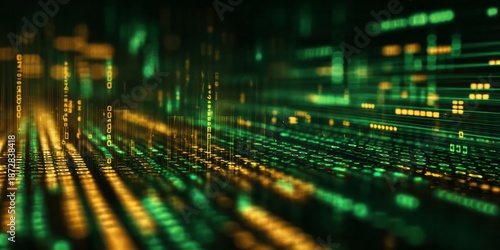 Digital data streams flow through a futuristic network with glowing green and orange lights.