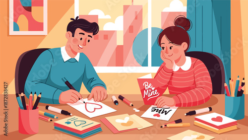 Romantic couple writing Valentine cards together at a desk, flat vector illustration with solid colors and clean outlines, creative love and lifestyle activity theme