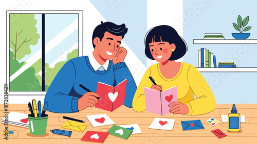 Romantic couple writing Valentine cards together at a desk, flat vector illustration with solid colors and clean outlines, creative love and lifestyle activity theme