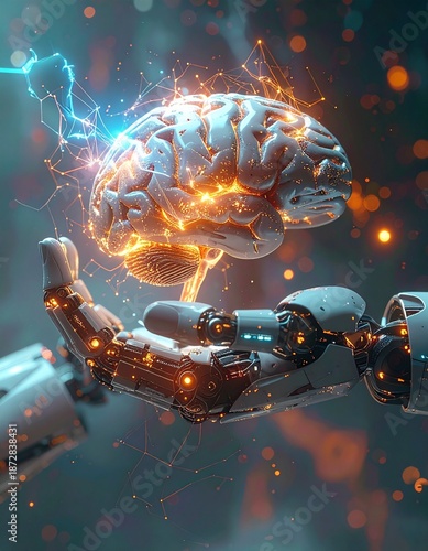 Futuristic conceptual illustration depicting artificial intelligence as a glowing human brain floating above a robotic hand.