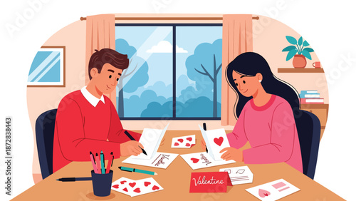 Romantic couple writing Valentine cards together at a desk, flat vector illustration with solid colors and clean outlines, creative love and lifestyle activity theme