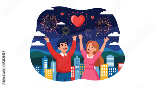 Joyful couple watching heart-shaped fireworks on Valentine’s Day, flat vector illustration with solid colors and clean outlines, festive romance celebration scene