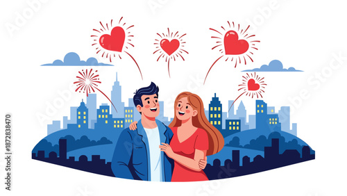 Joyful couple watching heart-shaped fireworks on Valentine’s Day, flat vector illustration with solid colors and clean outlines, festive romance celebration scene