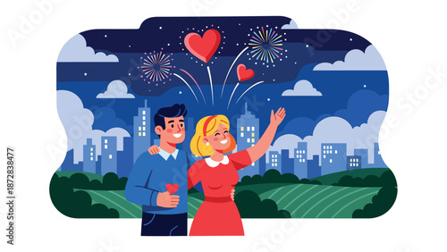 Joyful couple watching heart-shaped fireworks on Valentine’s Day, flat vector illustration with solid colors and clean outlines, festive romance celebration scene