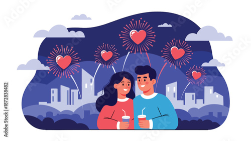 Joyful couple watching heart-shaped fireworks on Valentine’s Day, flat vector illustration with solid colors and clean outlines, festive romance celebration scene