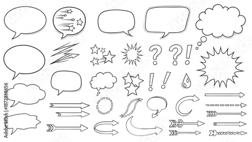 Various comic book elements and speech bubbles illustrated in a simple line art style on a white background
