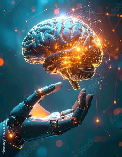 Futuristic conceptual illustration depicting artificial intelligence as a glowing human brain floating above a robotic hand.