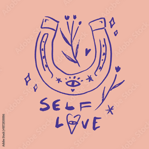 Bohemian western core self love groovy postmodern funky pink lucky horseshoe lettering label, boho hippie sketch hand-drawn illustration. Digital sticker, wild west cartoon doodles, tribal bohemian