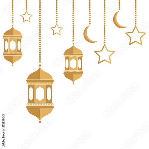Golden lanterns and crescent moons hanging in the air