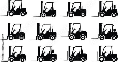Forklift silhouette icon set, warehouse industrial vehicles collection, black vector loader symbols, material handling logistics transport equipment illustration design pack