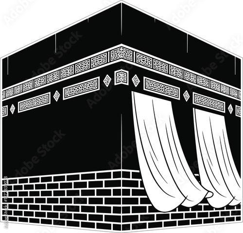 Kaaba illustration, Islamic holy mosque, Mecca sacred landmark, black white vector art, pilgrimage worship symbol, spiritual faith architecture, tradition, heritage