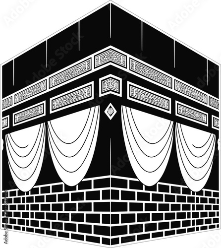 Kaaba illustration, Islamic holy mosque, Mecca vector art, black white religious symbol, pilgrimage worship architecture, sacred spiritual faith tradition heritage