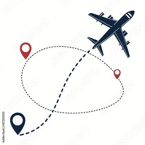Airplane flying over route map with location pins travel route