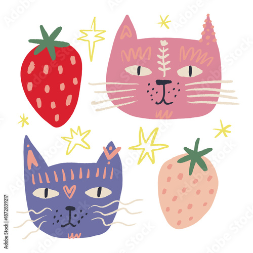 Whimsical Funny Adorable Cat Faces and Strawberries Collection Cute Cats, Portrait Muzzle Childish Baby Hand-Drawn Party Sweet Doodle Set with Stars EPS Vector Illustration Clipart