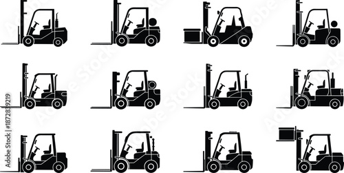 Forklift icon set, warehouse industrial vehicles, black silhouette loader collection, material handling equipment symbols, logistics transport illustration, vector, industry, shipping
