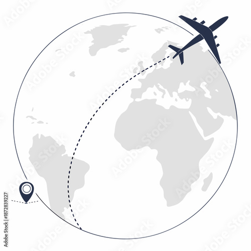 Airplane following curved route over globe with map pin