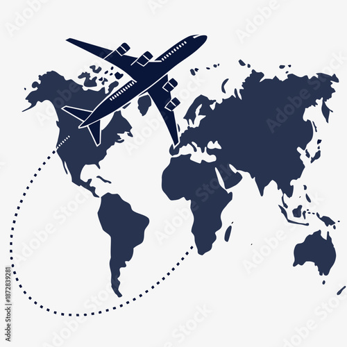 Dark blue airplane flying across simplified continental map