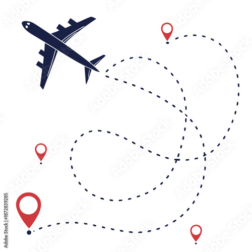 Airplane flying over map route with location pins travel
