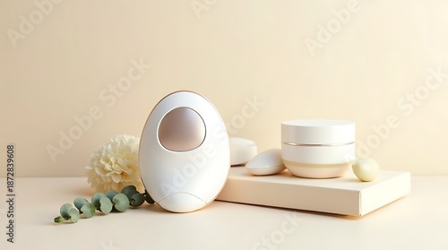Beauty Gadget Flat Lay with Modern Skincare Device and Minimal Props, Airy Lighting and Calm Premium Aesthetic