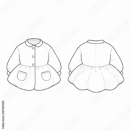 Fashion illustration of a babys longsleeved dress with a collar and pockets front and back view.