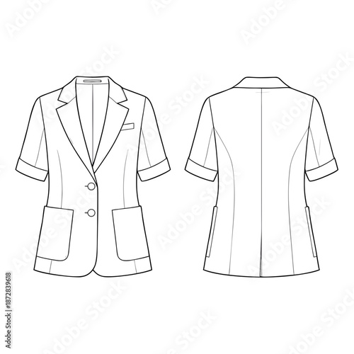 Womens short sleeve blazer fashion flat sketch illustration.