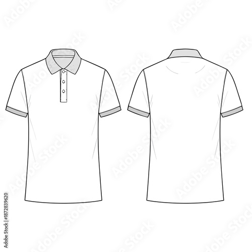 White polo shirt technical fashion illustration flat sketch vector template front and back views.