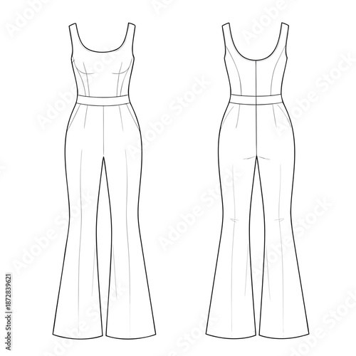 Fashion Flat Sketch of a Sleeveless Jumpsuit with Flared Legs.