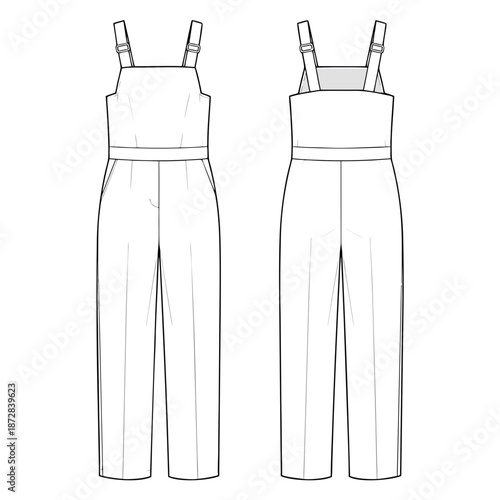 Fashion Flat Sketch of a Womens Jumpsuit with Wide Straps and Cropped Legs.