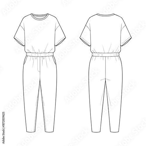 Fashion flat sketch of a womens short sleeve jumpsuit with elastic waist and drawstring detail.