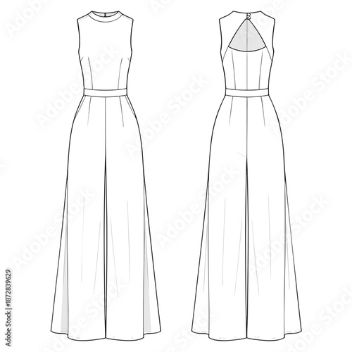 Fashion illustration of a sleeveless wideleg jumpsuit with a cutout back design.