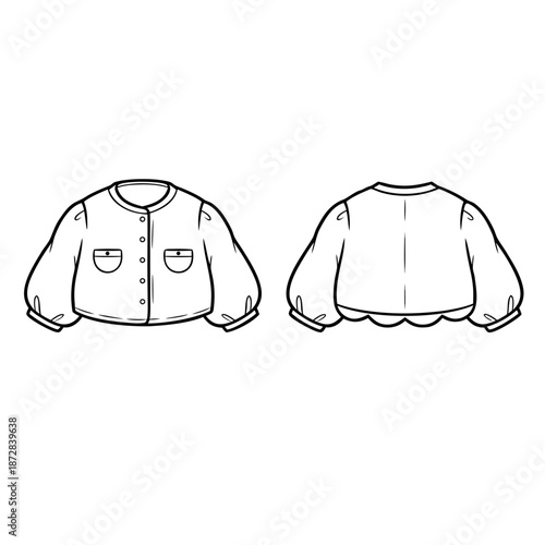 Fashion illustration of a cropped bolero jacket with long puff sleeves and button closure.
