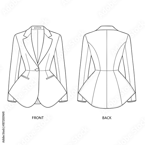 Fashion illustration of a peplum blazer with front and back views.