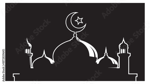 Minimalist White Outline Mosque Silhouette with Crescent and Star Icon
