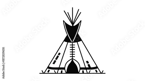 A minimalist black line art illustration of a teepee with a white background and simple geometric patterns.