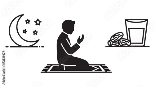 Silhouette of Person Praying on Mat with Moon, Stars, Dates, and Drink