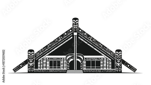 A traditional Maori meeting house with intricate carvings and a triangular roof against a white background.