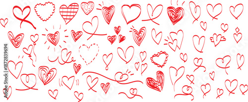 Collection of hand-drawn red heart doodles showcasing love and romance for various occasions. A vibrant and extensive collection of hand-drawn red heart shapes, presented as doodles on a clean white