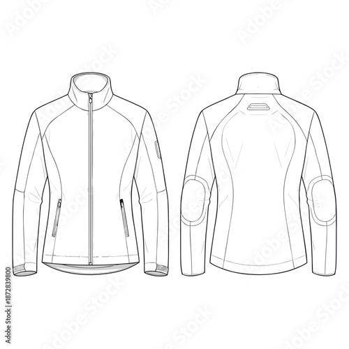 Technical Drawing of a Womens FullZip Fleece Jacket with StandUp Collar and Elbow Patches.