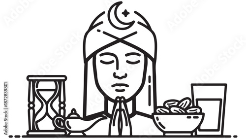 Minimalist Vector Line Art of Muslim Devotion and Ramadan Symbols