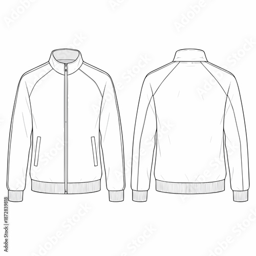 Technical fashion illustration of a mens fullzip track jacket with raglan sleeves and ribbed cuffs.