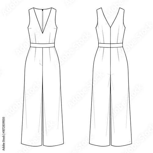 Technical fashion illustration of a womens wideleg jumpsuit with a Vneckline and sleeveless design.