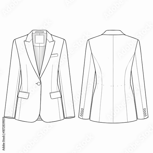Technical fashion illustration of a womens singlebreasted blazer with notched lapels and flap pockets.