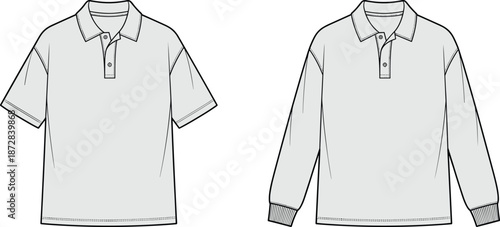Polo shirt technical illustration set, short sleeve and long sleeve apparel, fashion clothing template, garment outline, isolated black white vector design