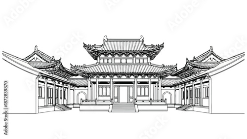 A detailed architectural line drawing of a traditional Asian temple with a central pavilion and symmetrical wings on a white background.