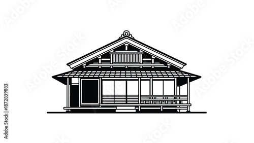 Black and white illustration of a traditional Japanese house with a tiled roof and porch against a plain white background.