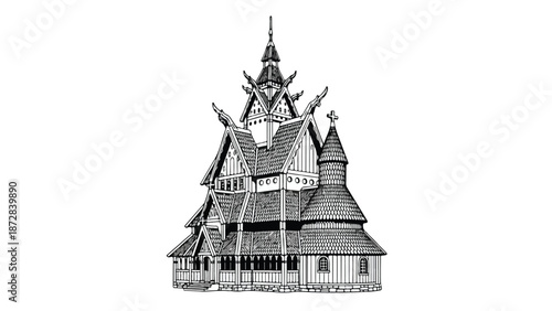 Black and white illustration of a traditional Norwegian wooden church with intricate architecture and multiple spires against a plain white background.