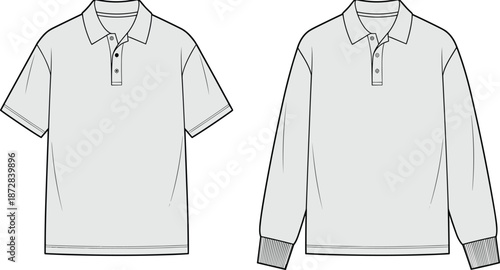Polo shirt technical illustration set, short sleeve and long sleeve apparel, fashion clothing template, garment outline, isolated white vector design