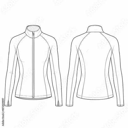 Technical sketch of a longsleeved athletic jacket with a full zipper and standup collar.