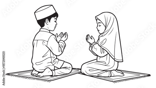 Black and White Islamic Children Praying on Mats Vector Illustration