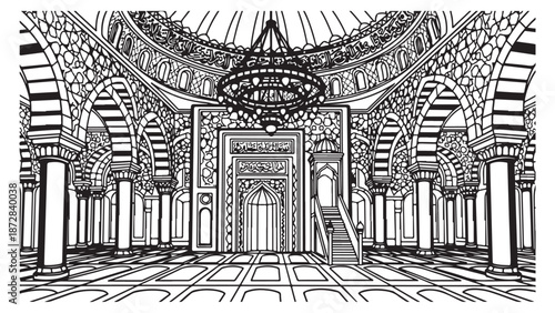 Intricate Islamic Architecture with Arches and Calligraphy Illustration